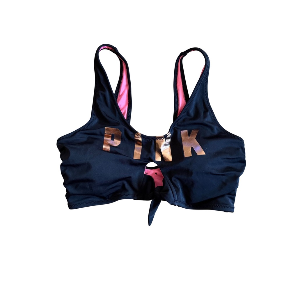 PINK Victoria's Secret Bikini Top XS Black Rose Gold Foil Logo Front Tie Keyhole